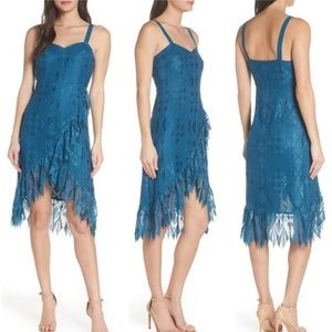 Anthropologie NWT Foxiedox‎ Teal Lace Ruffle Cocktail High Low Dress Size XS